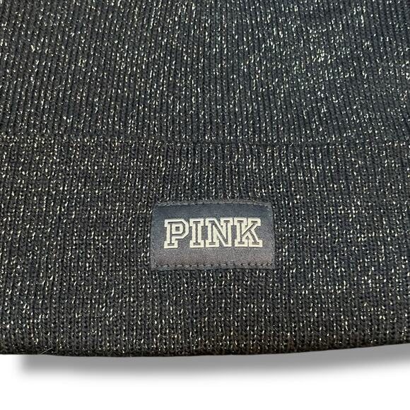 Victorias Secret PINK Knit Beanie Hat Cap Logo Cuff Skull Shimmer Sparkle Gray - Picture 4 of 10